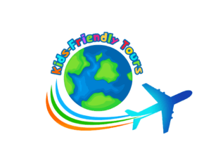 A green background with an airplane and the words kids friendly tours.