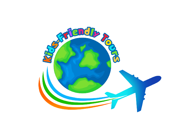 A green background with an airplane and the words kids friendly tours.