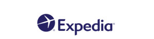A blue and white logo of expedia.
