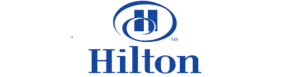 A blue and white logo of hilton